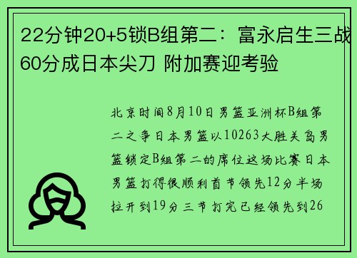 22分钟20+5锁B组第二：富永启生三战60分成日本尖刀 附加赛迎考验